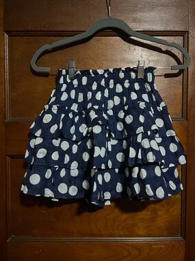 J. Crew Navy and White Polka Dot Tiered Mini Skirt